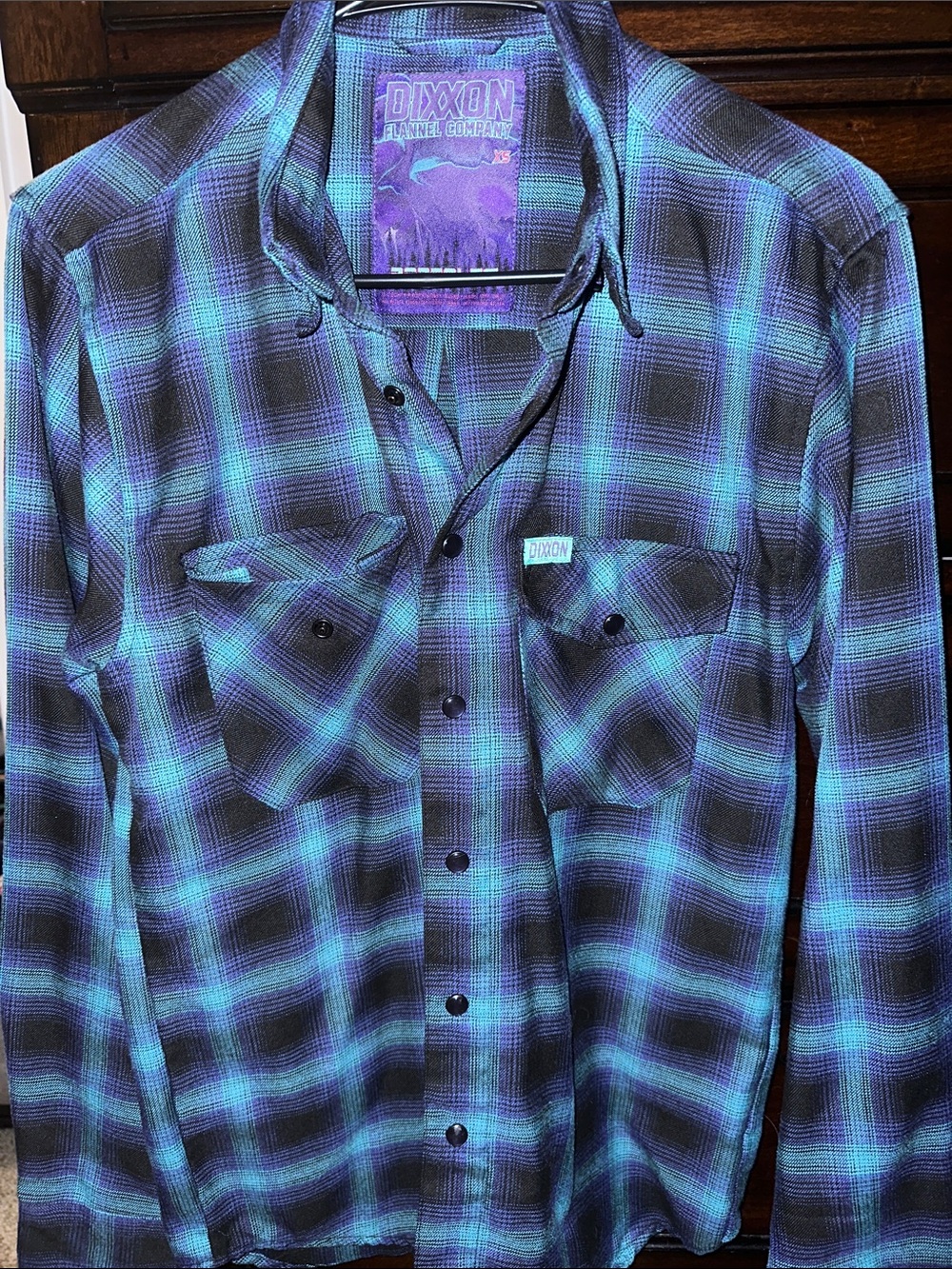 DIXXON Teal, Black, and Light Blue Plaid Button-Down Shirt (Borealis) - Men’s XS